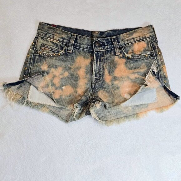 7 For All Mankind Designer Denim Cutoff Shorts – Blue Raw Hem Mid Rise Sz 25 - Picture 7 of 14